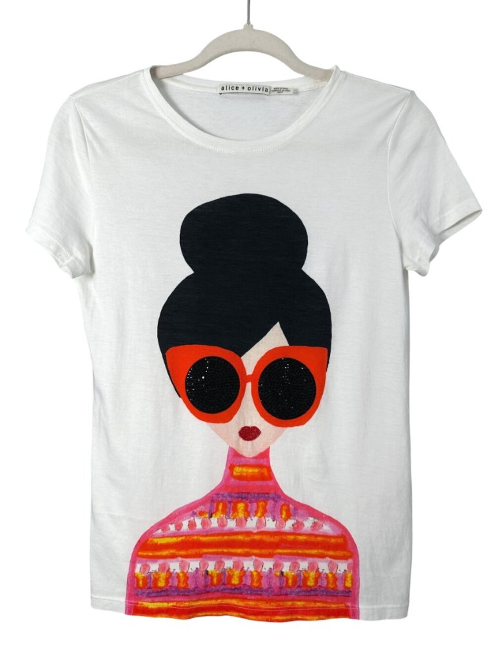 Alice + Olivia Stace Face Beaded Sunglasses Graphic Tee White XS